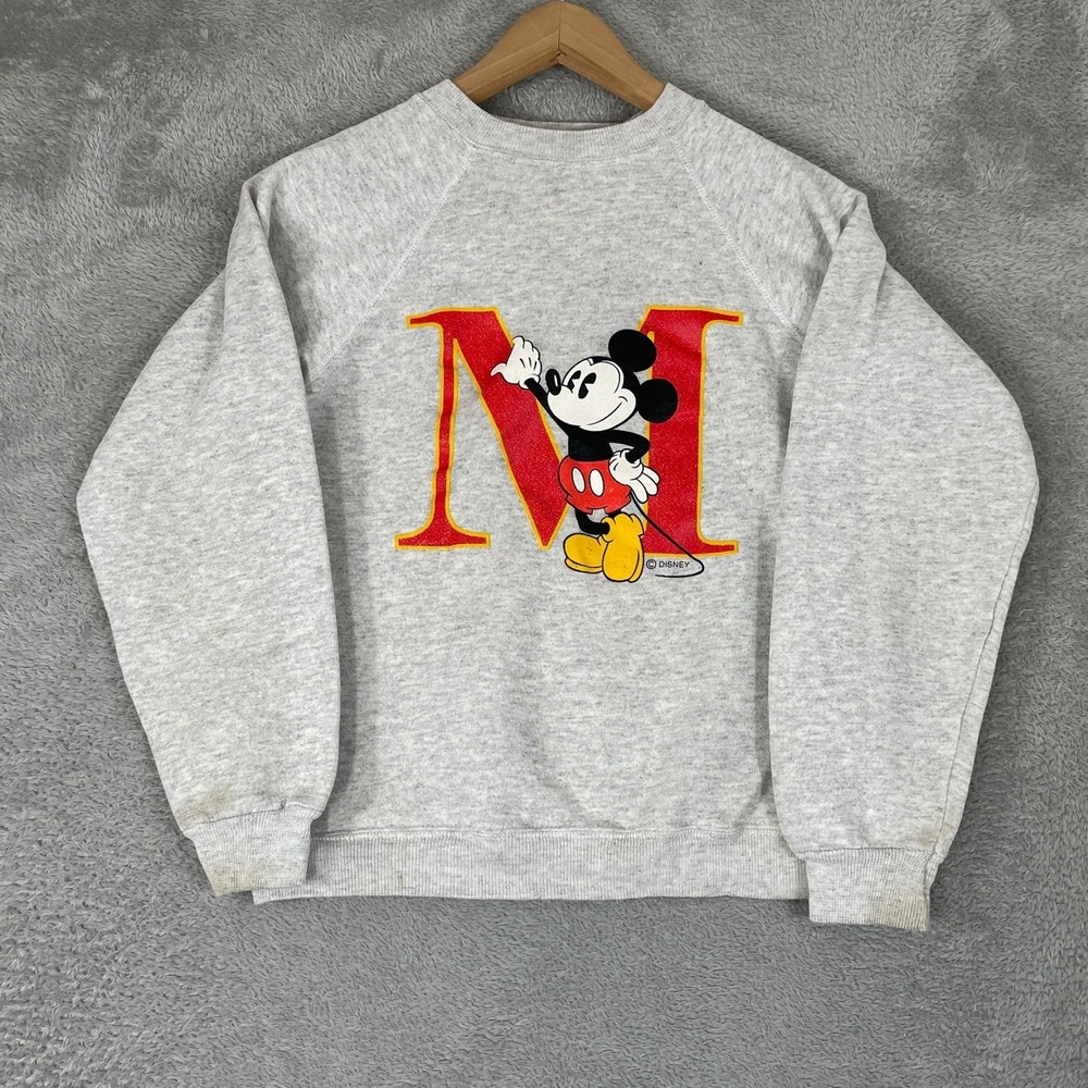 Vintage Mickey Mouse Sweatshirt Kids Large Gray Hanes Activewear Raglan Graphic